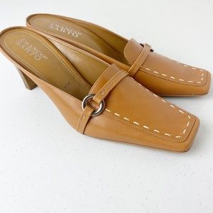 FRANCO SARTO Tan Square Toe Stitch Detail Heeled Mule